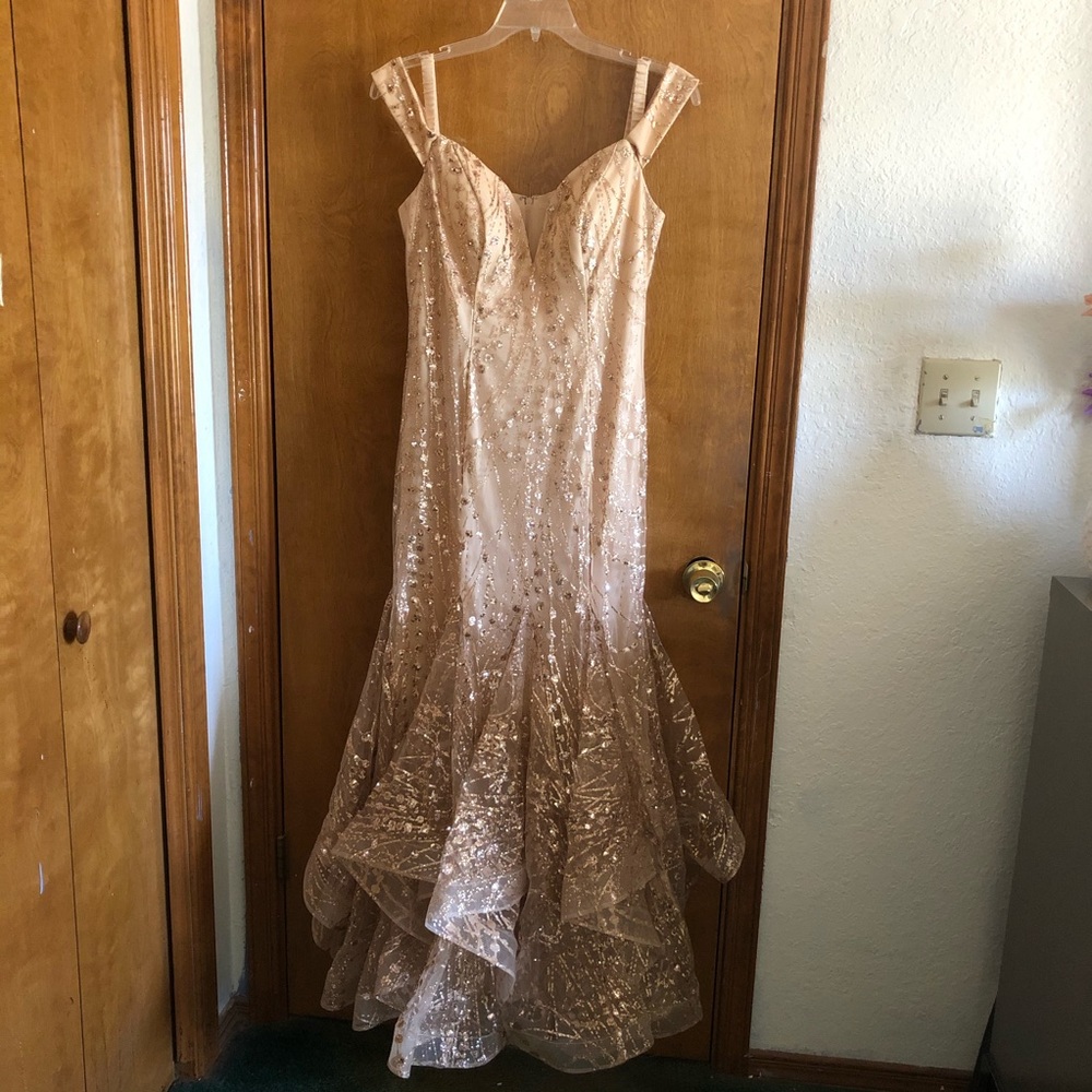 Let’s formal mermaid gown in champagne glitter